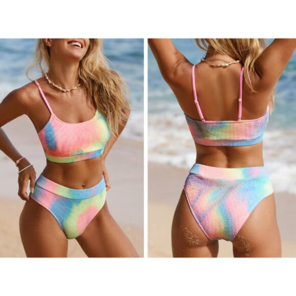 CUPSHE NWT Womens Rainbow Tie-Dye Ribbed Scoop Neck Swim Bikini Size L - Picture 8 of 8